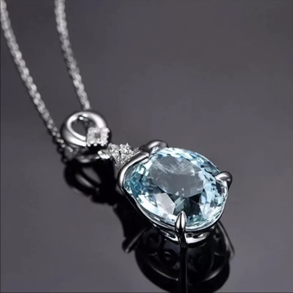 New Luxury Silver Color Blue Aquamarine Necklace - Picture 3 of 5
